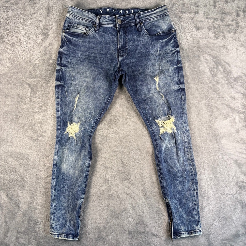 YoungLA 604 Skinny Jeans Men's 34x30 Acid Wash Distressed Ankle Zip Streetwear